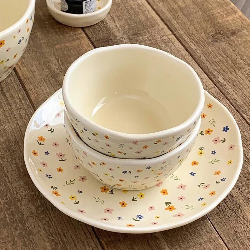 Керамическая посуда в корейском стиле Миска и тарелка с цветочным узором Миска для риса Фруктовые салатницы Десертные тарелки Бытовые обеденные тарелки