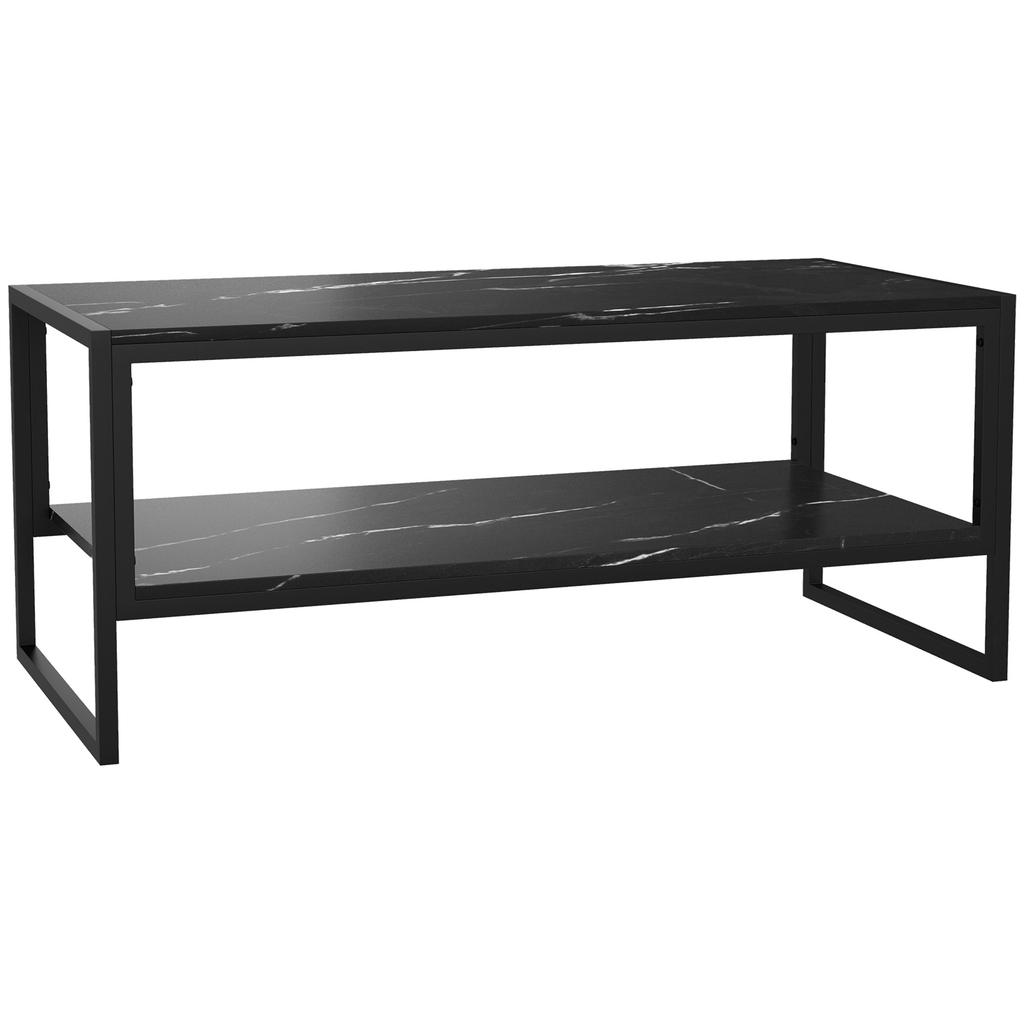Coffee Table, Two-Tier Faux Marble Effect Centre Table with Metal Frame and Storage Shelf for Living Room, 106 x 50 x 45cm, Black