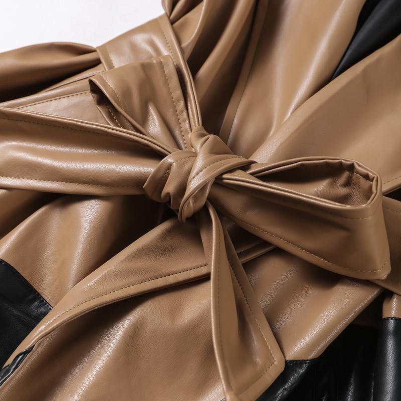 Контрастная кожаная длинная женская куртка со шнуровкой на лацканах с длинным рукавом, женская макси-куртка из искусственной кожи, осенне-зимнее уличное женское пальто с карманами
