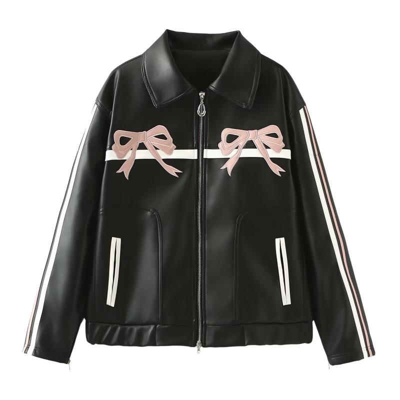 Женская черная кожаная куртка с деталью в виде банта Streetwear Chic Верхняя одежда с длинным рукавом на молнии спереди