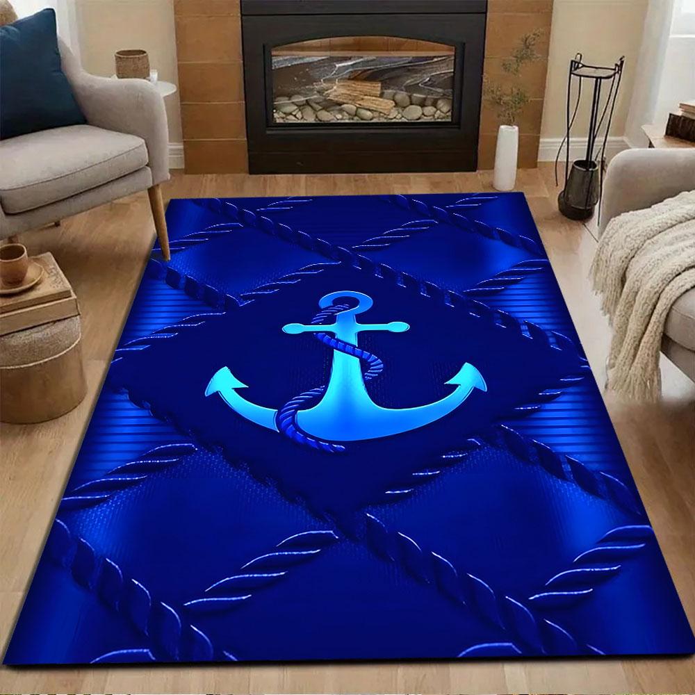 Blue Anchor and Rope Nautical Design Patterned carpet, non slip mat suitable for living room and bedroom sofas