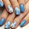 Европейский и американский набор синих цветочных накладных ногтей - 24 средних прямоугольных штуки