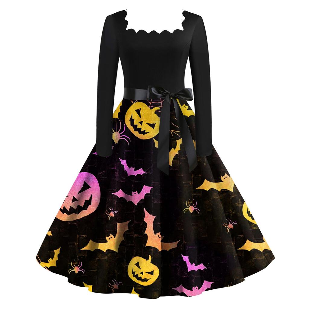 Женское повседневное модное винтажное платье с длинным рукавом и принтом на Хэллоуин