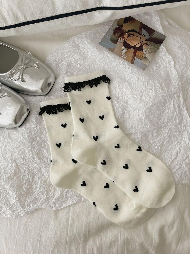 Socks Casual Lazy And Versatile Lace Mid-Tube Socks Tie Bows Polka Dot Layered With Piles Of Cotton Socks