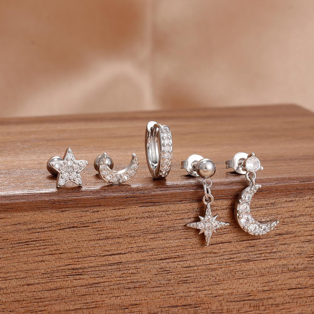 5PCS New Design Gold Color Ear Stud Earring Set For Women Zircon Star Moon Punk Piercing Earrings Helix Tragus Piercing Jewelry