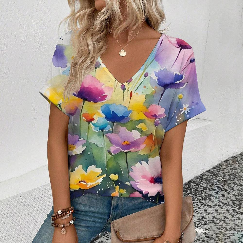 Summer New 3D Printe T-shirt Women's V-neck Top Summer Daily Short-sleeved White Comfortable Street T-shirt