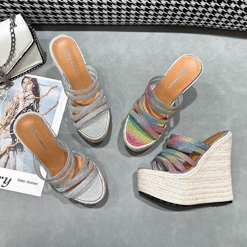 Летние женские босоножки на платформе на танкетке с плетением из пеньковой веревки «рыбий рот» на высоком каблуке