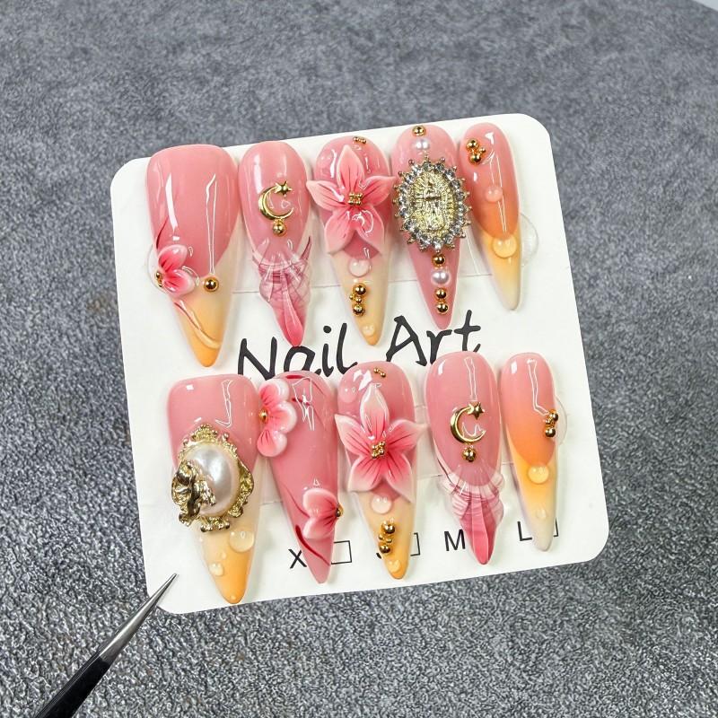 3D Floral Embossed French Tip Press-On Nails Long Pointed Style Sweet Chic Gel-Like Acrylic Nail Tips Women