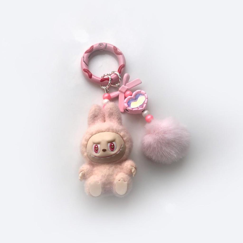 Flocked Labu Labubu Mini Keychain: Cute Grain Stroller Bag & Phone Pendant Ornament