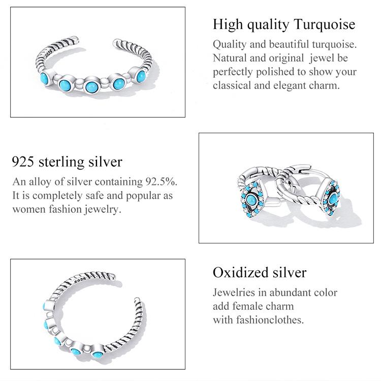 BAMOER натуральное серебро 925 пробы с бирюзой, открытое кольцо для женщин, простое стильное кольцо, ювелирное изделие, подарок
