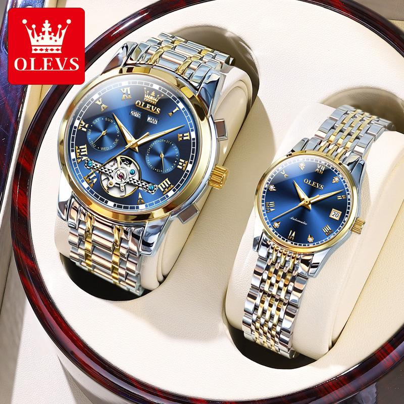 OLEVS Брендовая модная тенденция, повседневная пара механических выражений, часы для мужчин и женщин