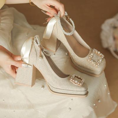 Шампань Женские Туфли на Высокой Платформе Летние 2024 Женские Роскошные Свадебные Туфли со Стразами Сладкие Расшитые Бисером Женские Туфли-Лодочки