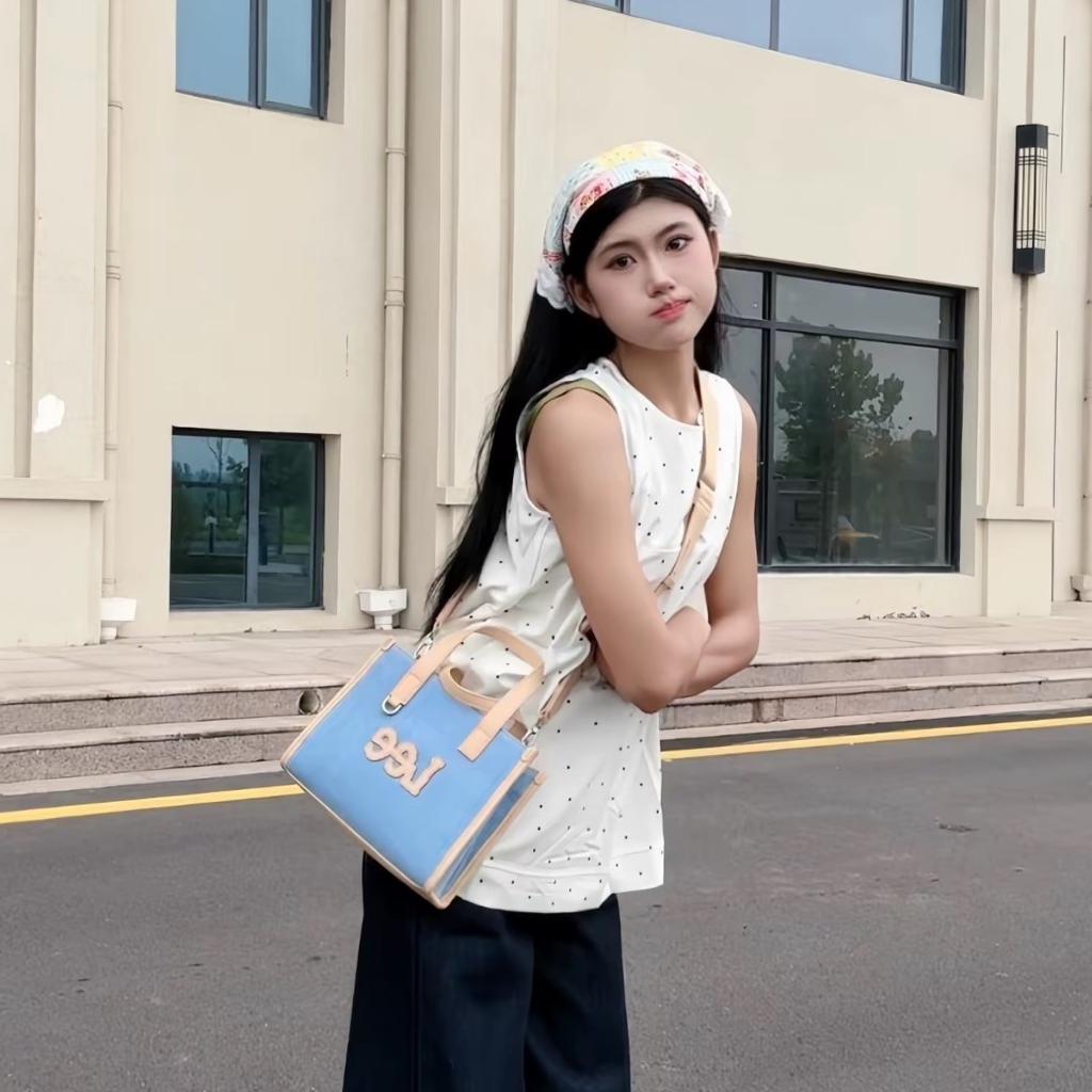 New Lee Fabric+Artificial Leather Tote Shoulder Bag, Crossbody Bag, Handbag Regular Women's Light Denim Blue LE240074M-521