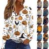 Women's T Shirt Tee Halloween Print Button Long Sleeve Daily Weekend Fashion Basic V- Neck Regular Top