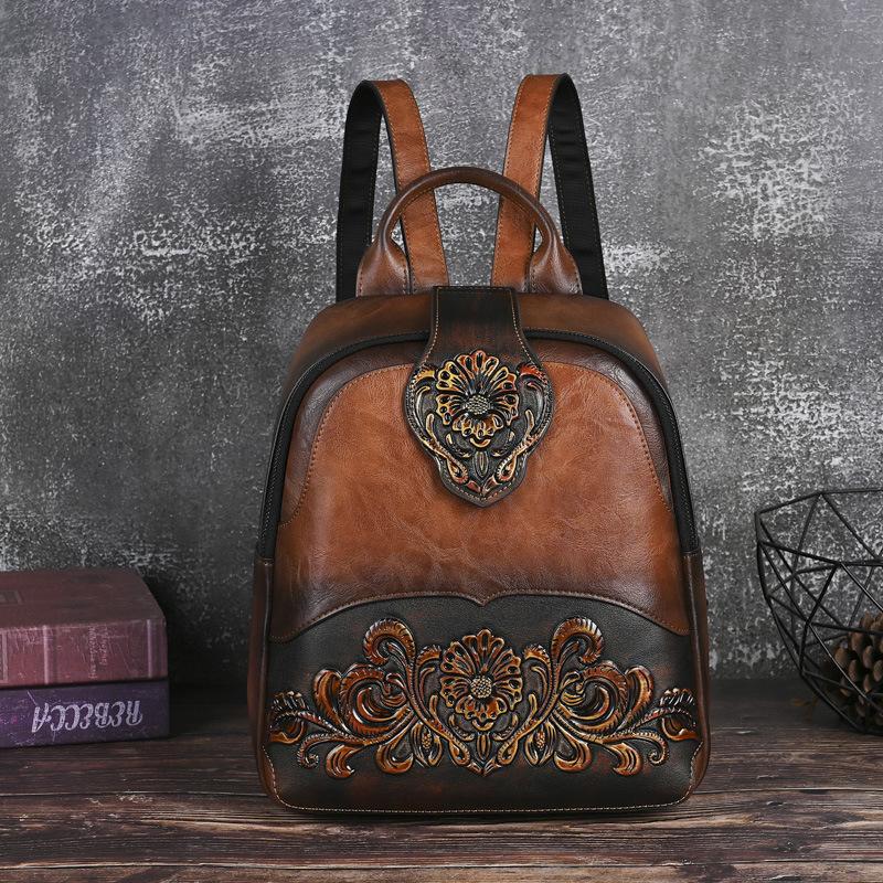 Johnature Embossed Vintage Backpack Versatile Women's Leather Bag Large Capacity Travel Backpacks