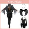 Stunning Halloween Women's Dark Angel Costume With Detachable Feather Wings And Plunging Neckline