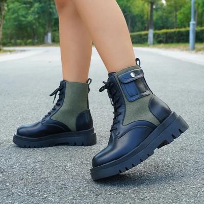 2024 Высококачественные женские ботинки на шнуровке, зимние, с круглым носком, однотонные, короткие, на толстой подошве, на толстом каблуке, большого размера