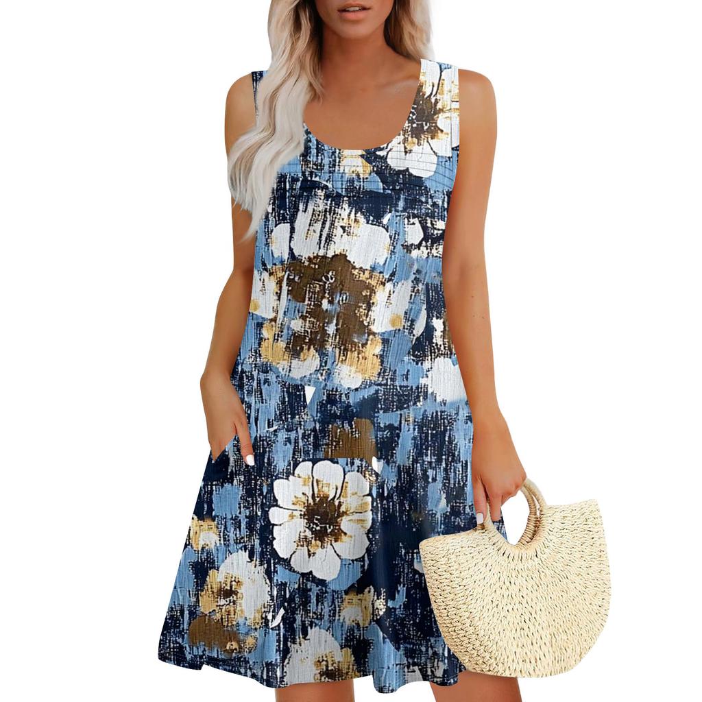 Womens Summer Dresses Loose U Neck Sleeveless Sundresses Dress With Pockets