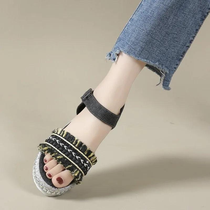 Women Shoes 2024 New Summer Sandals Large Size Thick Sole Sandals Buckle Hemp Rope Flat Bottom Women Shoes Platform