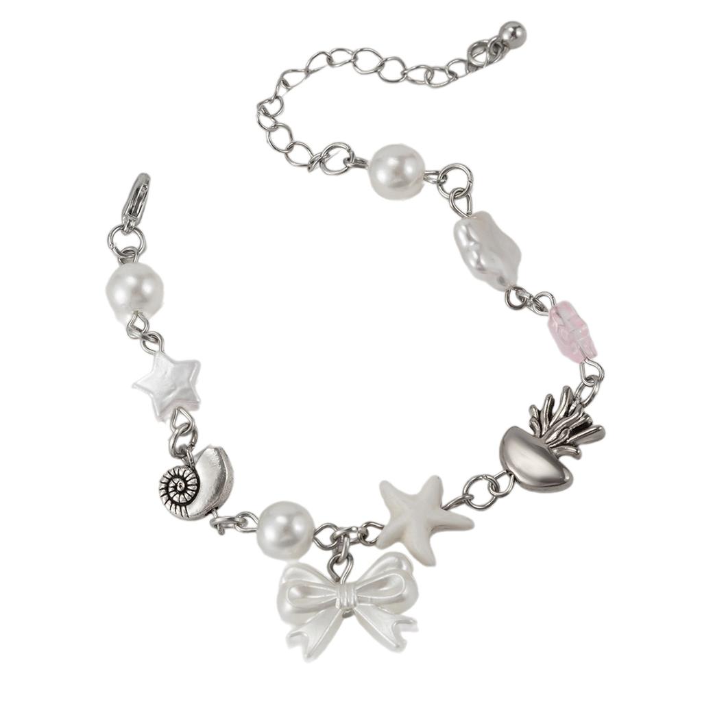 Faux Pearls Beaded Bracelet with Bowknot Pendant Butterfly Knot Charm Wristchain Adjustable Length Handchain Ornament