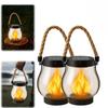 Solar Lantern Outdoor Lights, with Dancing Flame, Waterproof Hemp Rope Hanging Flickering Solar Lights Outdoor with Dual Charging Modes of