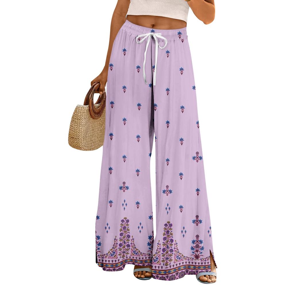 Women Summer Boho Palazzo Pants High Waist Wide Leg Floral Printing Casual Trousers With Pockets