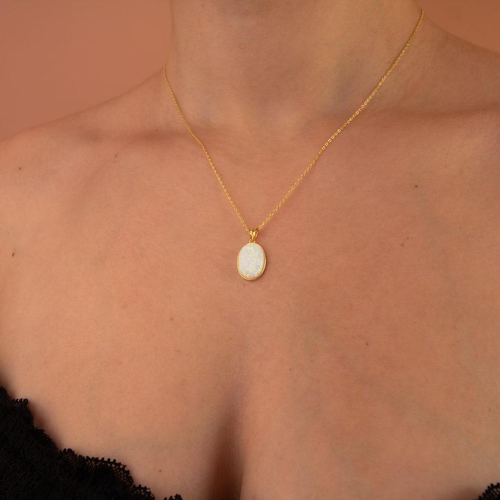Ожерелье из 14-каратного золота с белым опалом, минималистичное ожерелье с драгоценными камнями, изящное многослойное ожерелье, овальный кулон с опалом из стерлингового серебра