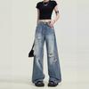 Fashionable Comfortable Ripped Jeans Women Plus Size Pear-shaped Figure Loose Skinny Straight Wide Leg Trousers Jeans for Women Long Denim Pants