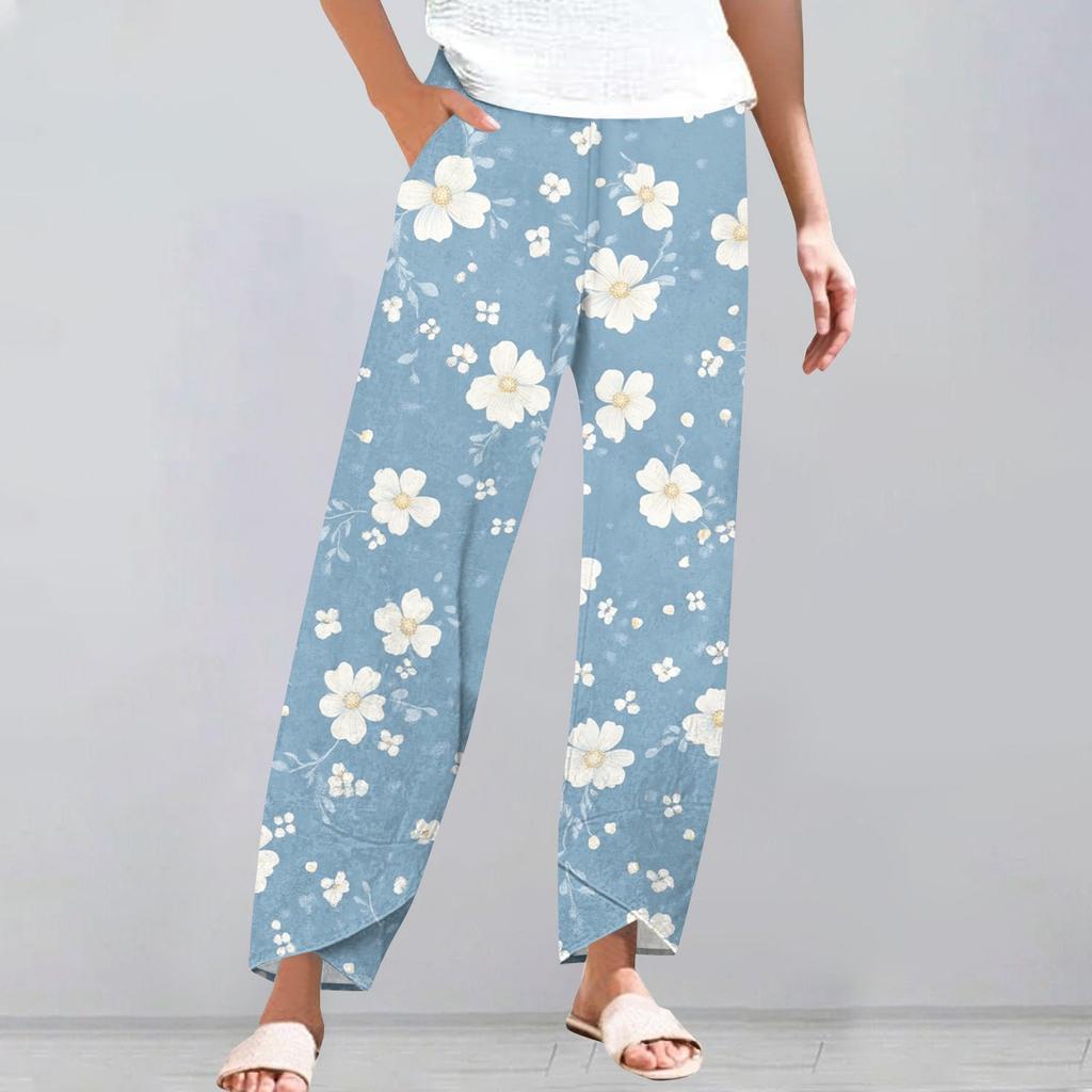 Брюки женские летние повседневные широкие брюки с эластичной резинкой на талии и карманами