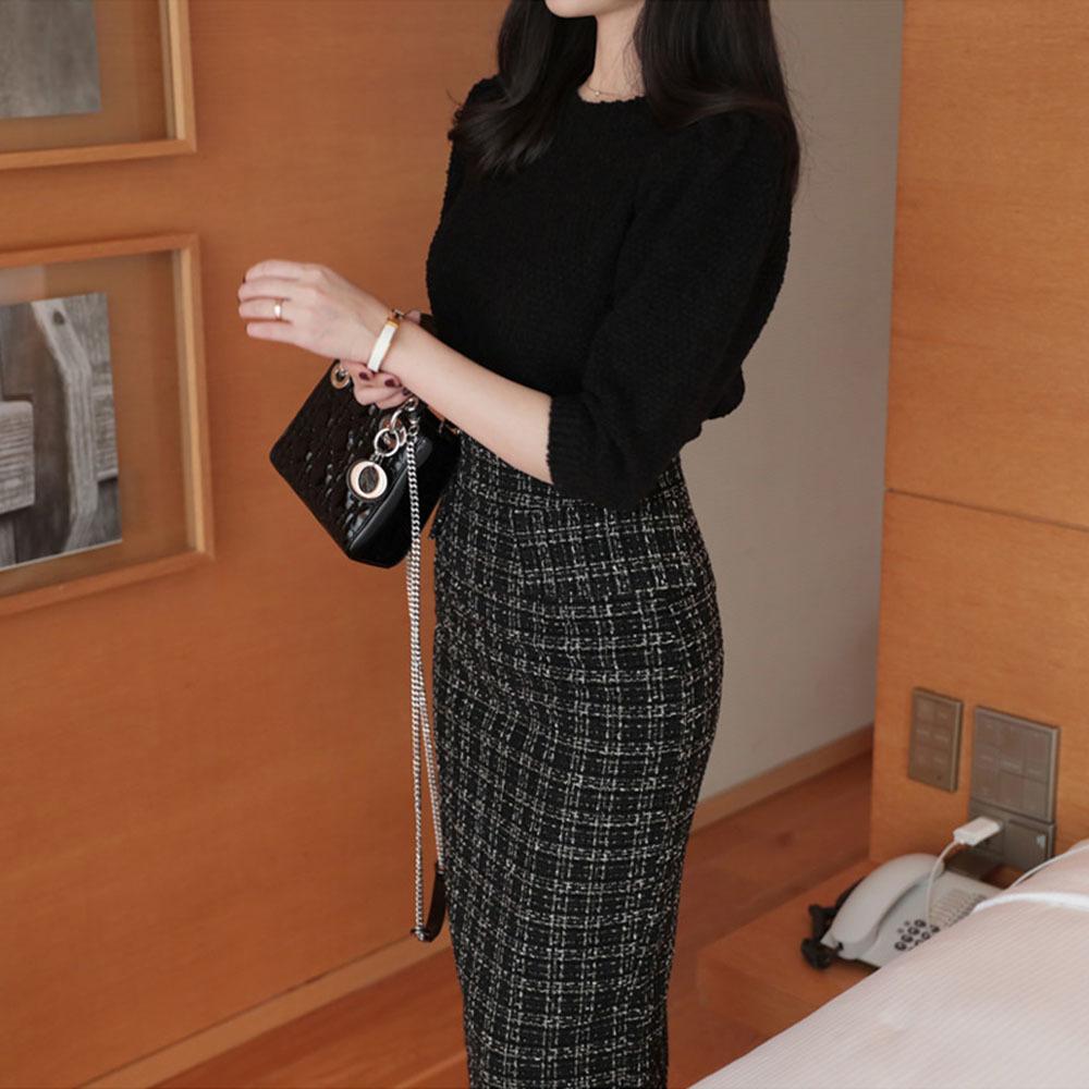 Женские юбки из твида для офиса, средней длины, с высокой талией, в деловую клетку, элегантная юбка-карандаш с одной ногой Faldas