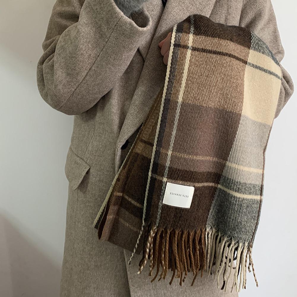 Women Winter Warm Scarf Trendy Sweet Plaid Tassel Imitation Cashmere Neck Warmer For Birthday Gifts