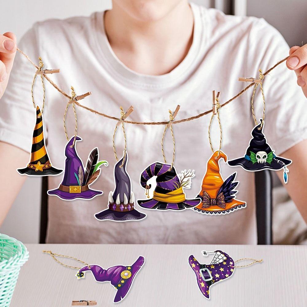 8Pcs Funny Witch Hat Hanging Paper Halloween Hanging Tag Haunted House