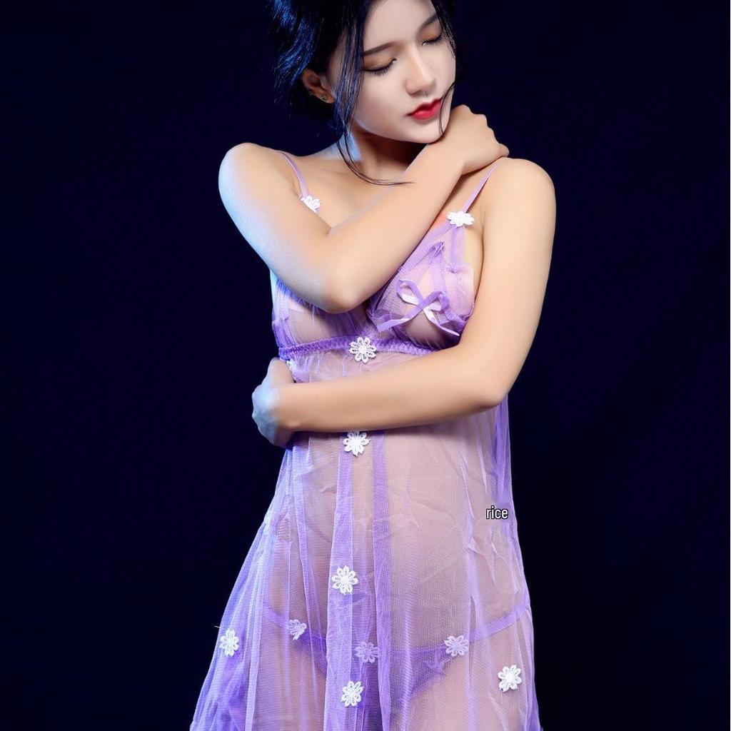 Seductive Mesh Nightdress with Suspenders - Open-Cup Transparent Lingerie for Women