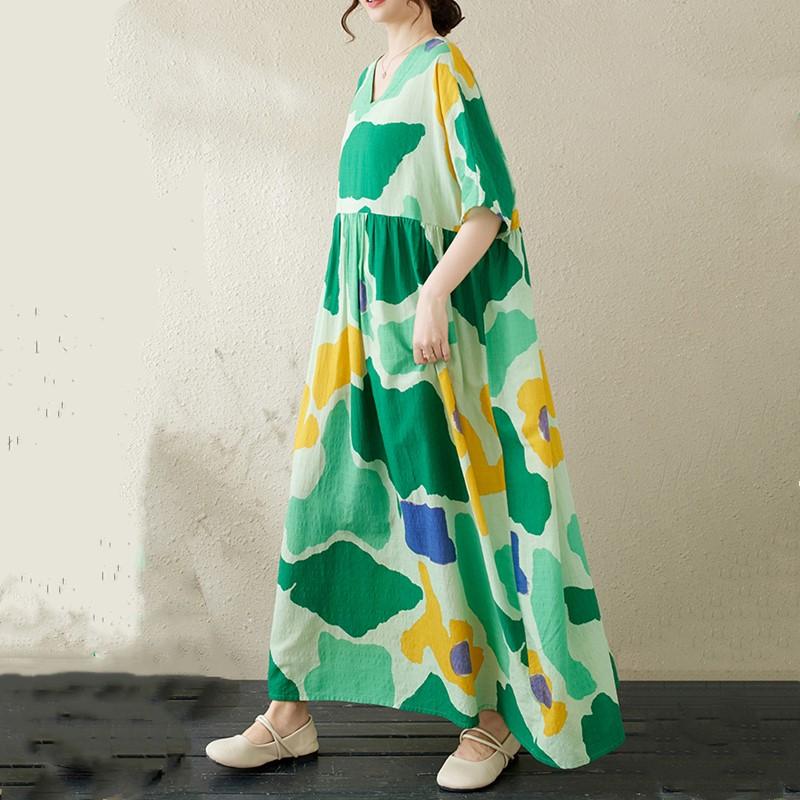 Новое хлопковое платье больших размеров с коротким рукавом и цветочным принтом для женщин, повседневное свободное длинное летнее платье