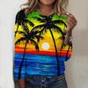 Топы для женщин Приморский закат Кокосовые пальмы Принт Круглый вырез Длинный рукав Футболка Осенний повседневный тонкий пуловер Женский длинный рукав Топ