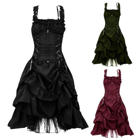 Женское платье для косплея в готическом стиле, ведьма, многослойный сетчатый костюм с рюшами и подолом на Хэллоуин, на шнуровке, на бретельках, без воротника, на молнии, без рукавов, трапециевидной формы.