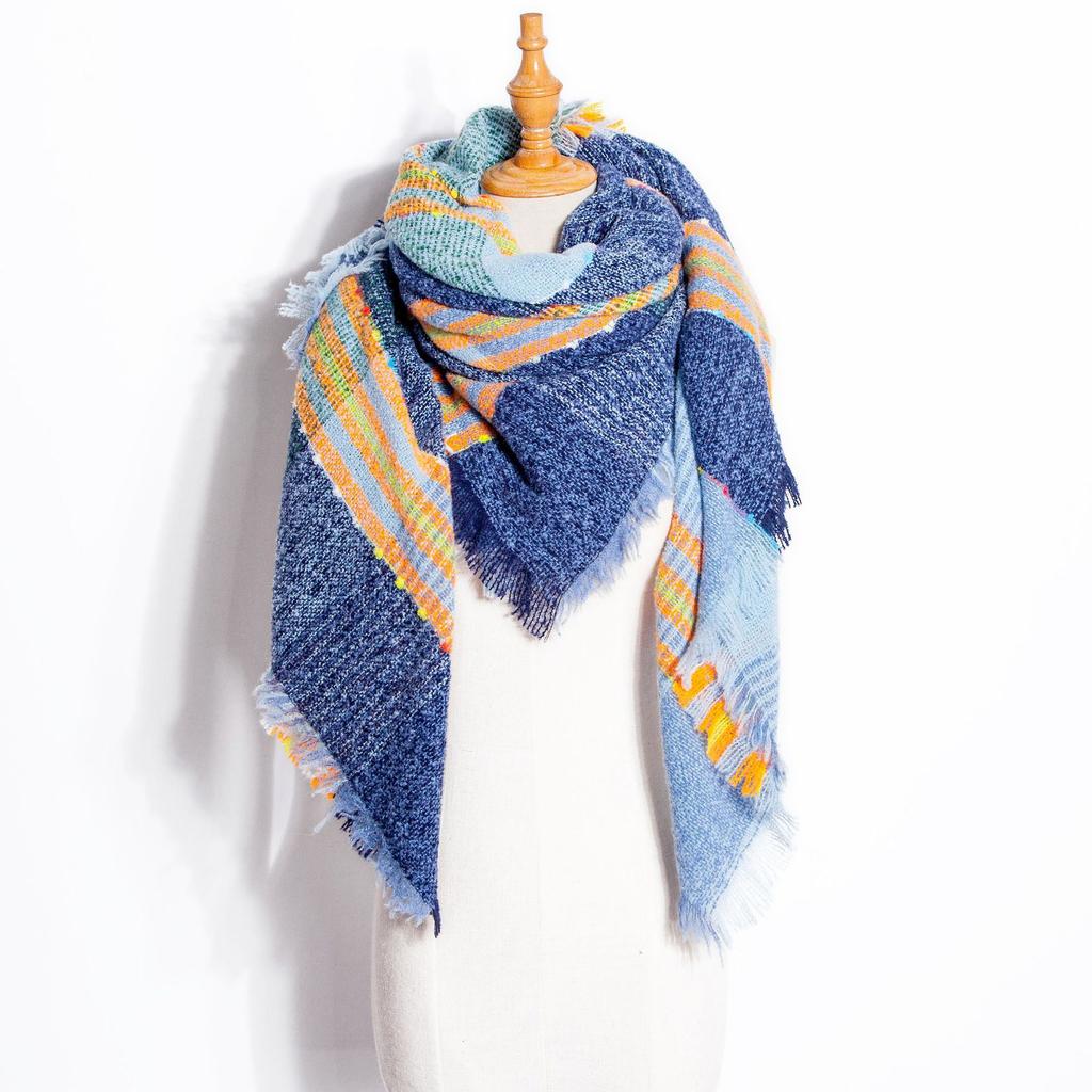 Осенне-зимний шарф с кисточками, женский клетчатый теплый треугольный платок