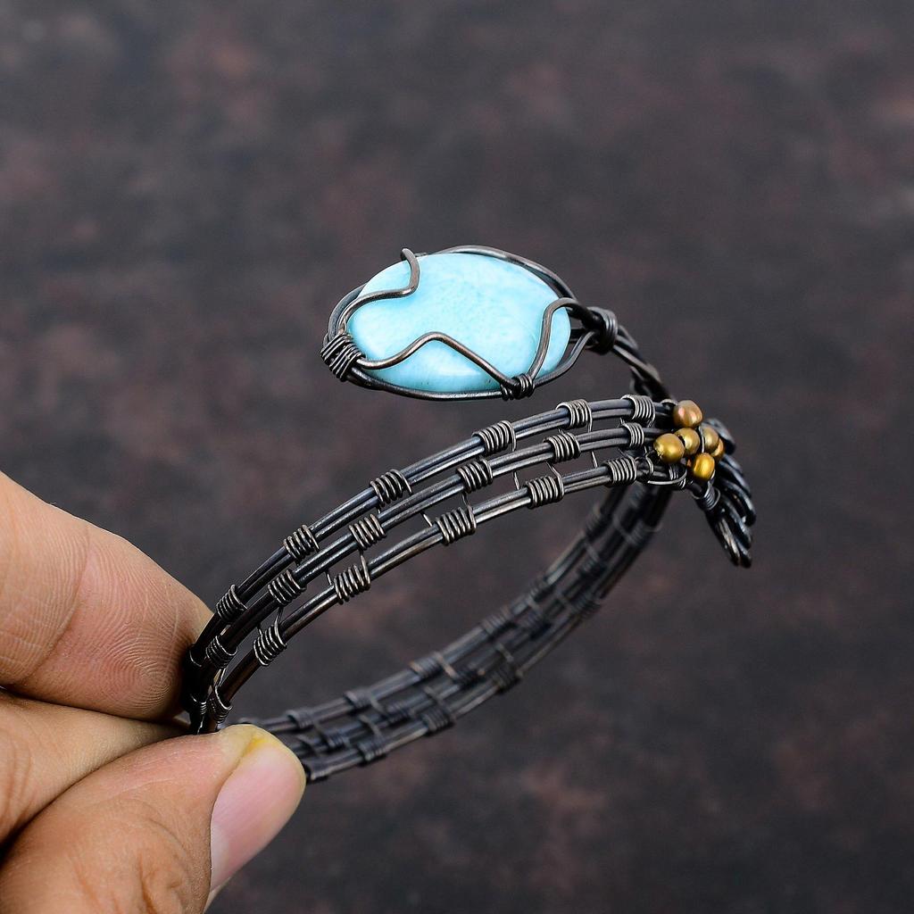 Браслет-манжета Ларимар, обмотанный медной проволокой, регулируемый браслет-манжета, ювелирное изделие, обмотанное медной проволокой, подарок для него, ювелирное изделие из драгоценного камня ручной работы