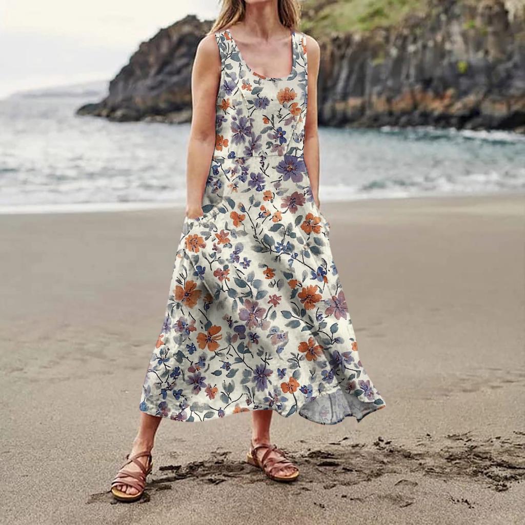 Женское летнее повседневное модное платье без рукавов с цветочным принтом и карманом