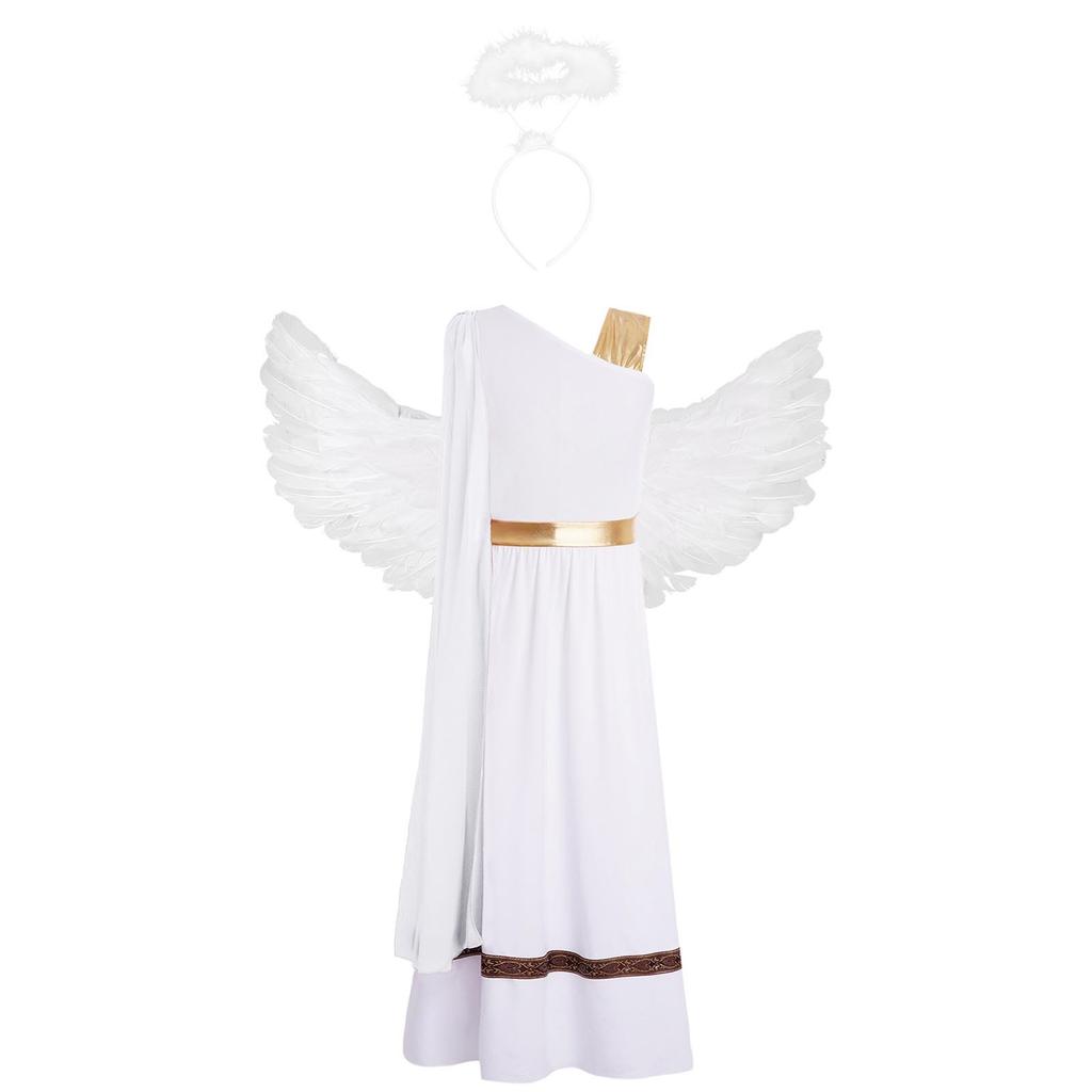 Girls 3 Pieces Greek God Roman Costume Outfit Metallic Gloss Patchwork Sleeveless Dress with Feather Angel Wings and Hair Hoop Cosplay Stage