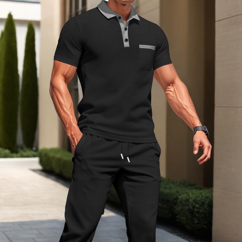 Мужской светло-серый комплект из вафельного поло и брюк-джоггеров с контрастной синей отделкой Повседневный спортивный костюм из 2 предметов