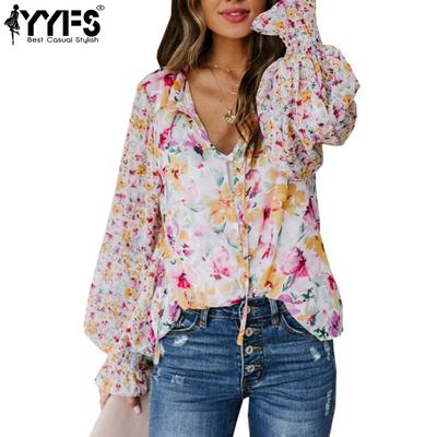 Женские модные повседневные весенне-осенние блузки и рубашки с v-образным вырезом и длинными рукавами с цветочным узором и принтом