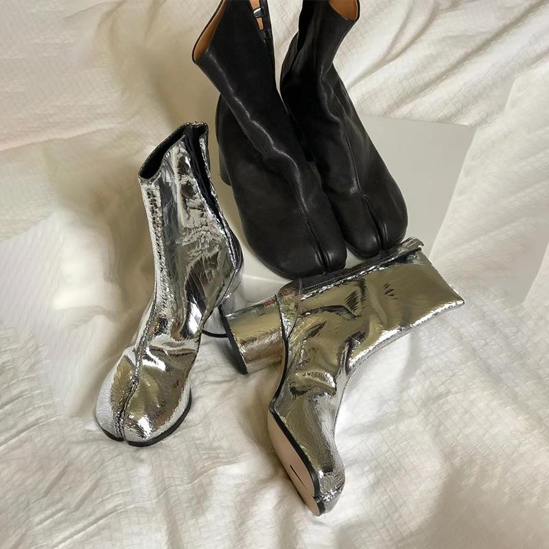 Модные Роскошные Дизайнерские Ботильоны Таби с Раздельным Носком Женские из Натуральной Кожи на Массивном Высоком Каблуке Короткие Ботинки 2025 Весенне-Осенняя Обувь