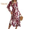 Lady Spring Fall Dress V Neck Floral Print Long Sleeves High Tight Waist A-line Flowy Ruffle Hem Dating Shopping Midi Dress