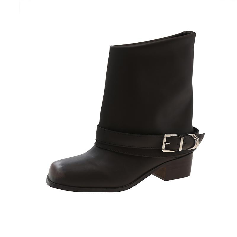 Vintage Square Toe Women Western Cowgirl Fashion Belt Buckle Shoes Autumn Winter Thick Heel Women's Knight Short Booties