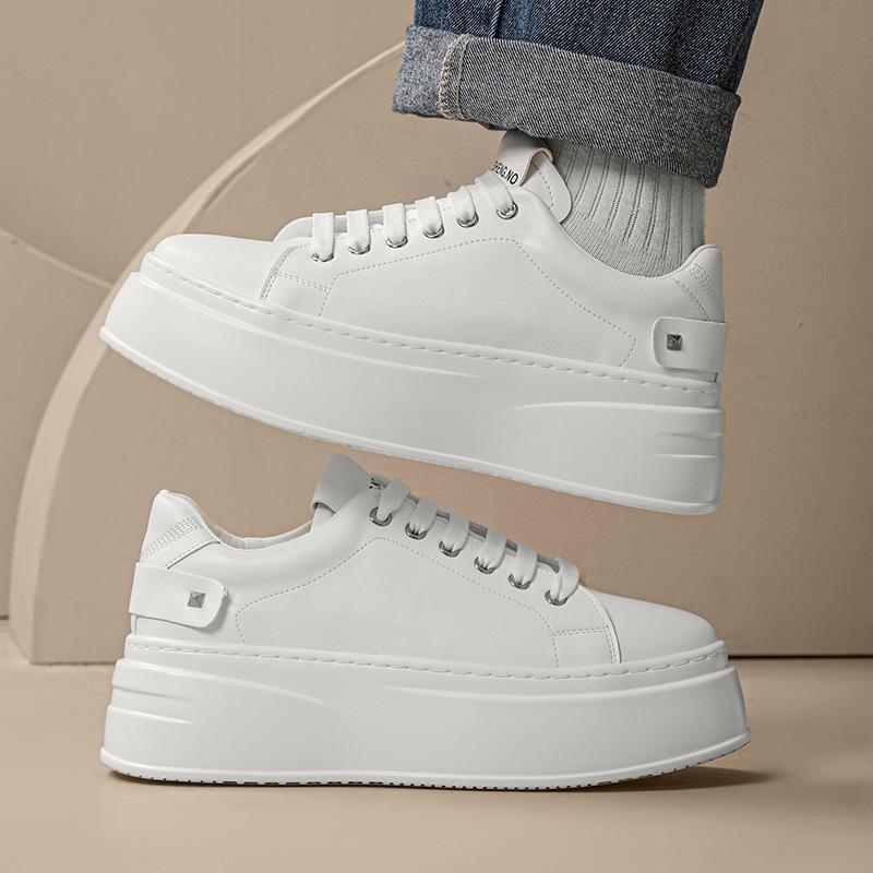 Мужские белые кроссовки на платформе - 2025 Осень Дышащие повседневные туфли на толстой подошве с дизайном, увеличивающим рост