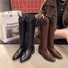 [Same Style As Guan Xiaotong] Cowhide Version of Wanderer Winter Shopping Mall's New Thick-legged Big Tube Circumference V-mouth Knight Boots for Wome