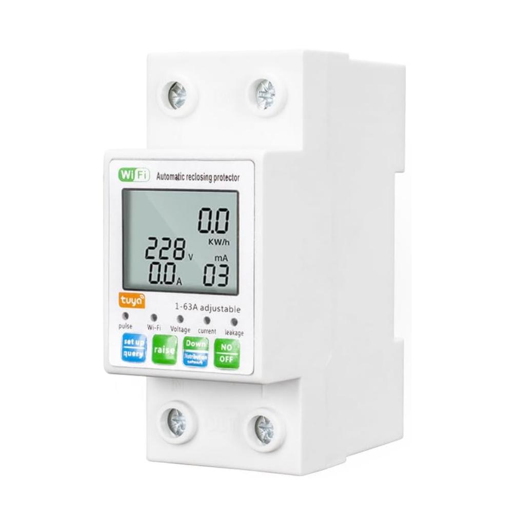 Tuya WiFi Smart Reclosing Protector Switch Current Voltage Monitor Protection Value Settable LCD Display Power Meter-63A-