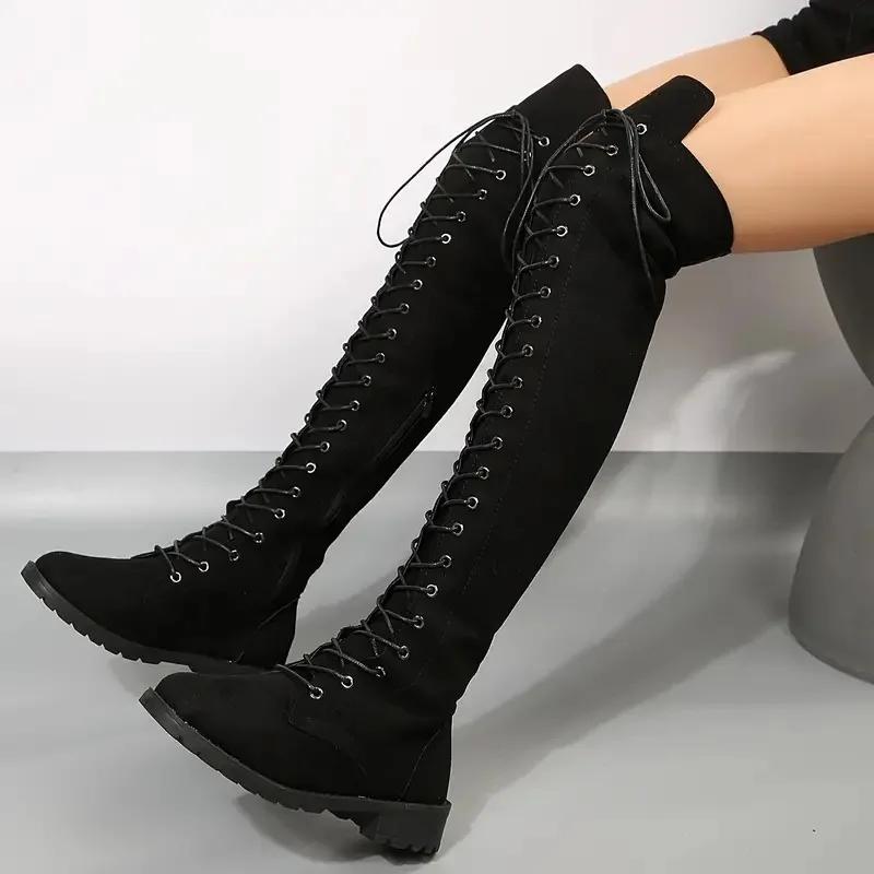 Fashion Casual Women's Boots Low Heels Flock Over Knee Boots for Woman 2024 New Cross Strap Lace Up Fashion Female Thigh High Boots