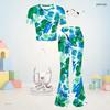 Girls Green Beige Tropical Leaf Printed Round Neck Short Sleeve Top And Flared Pants Two Piece Set